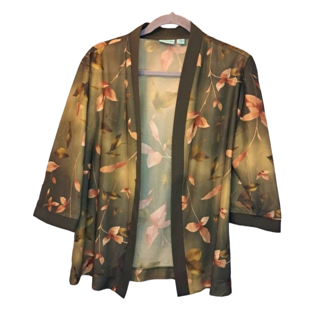 Sara Morgan Olive Green Floral Sheer Open Front Shrug Size Medium Petite